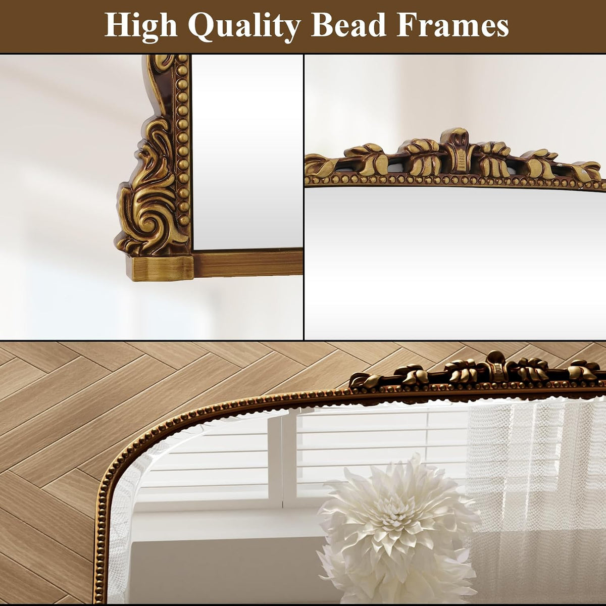 24"×32" Gold Arched Wall Mirror with Vintage Carving