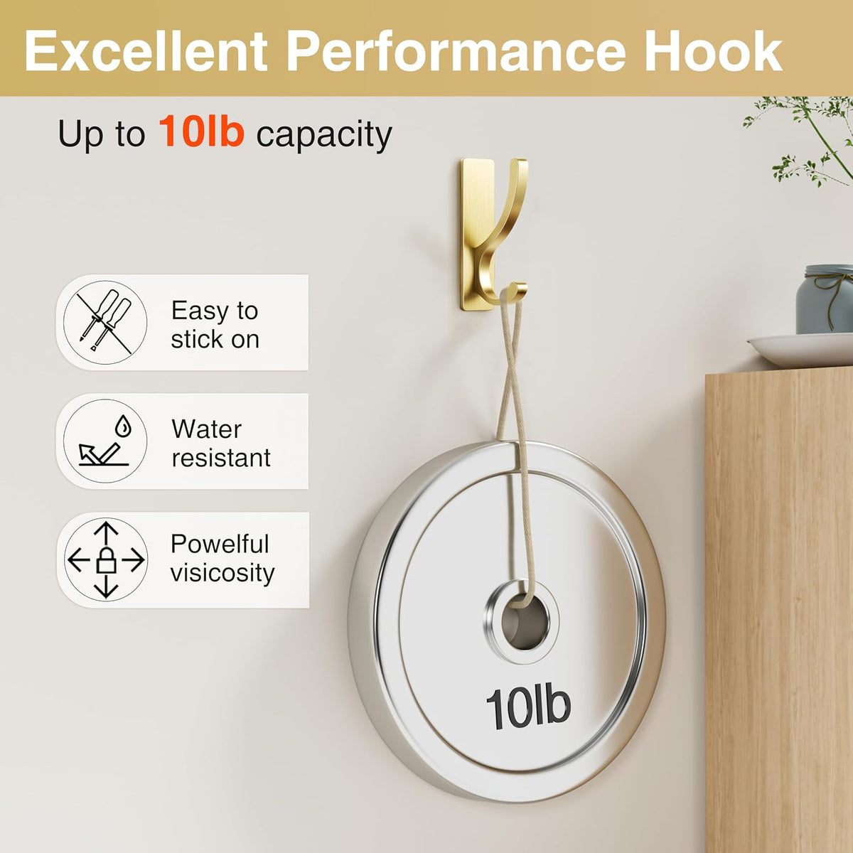 pickpiff Adhesive Wall Hooks for Coat/Towel, Hold 13LB, Gold 4 Pack