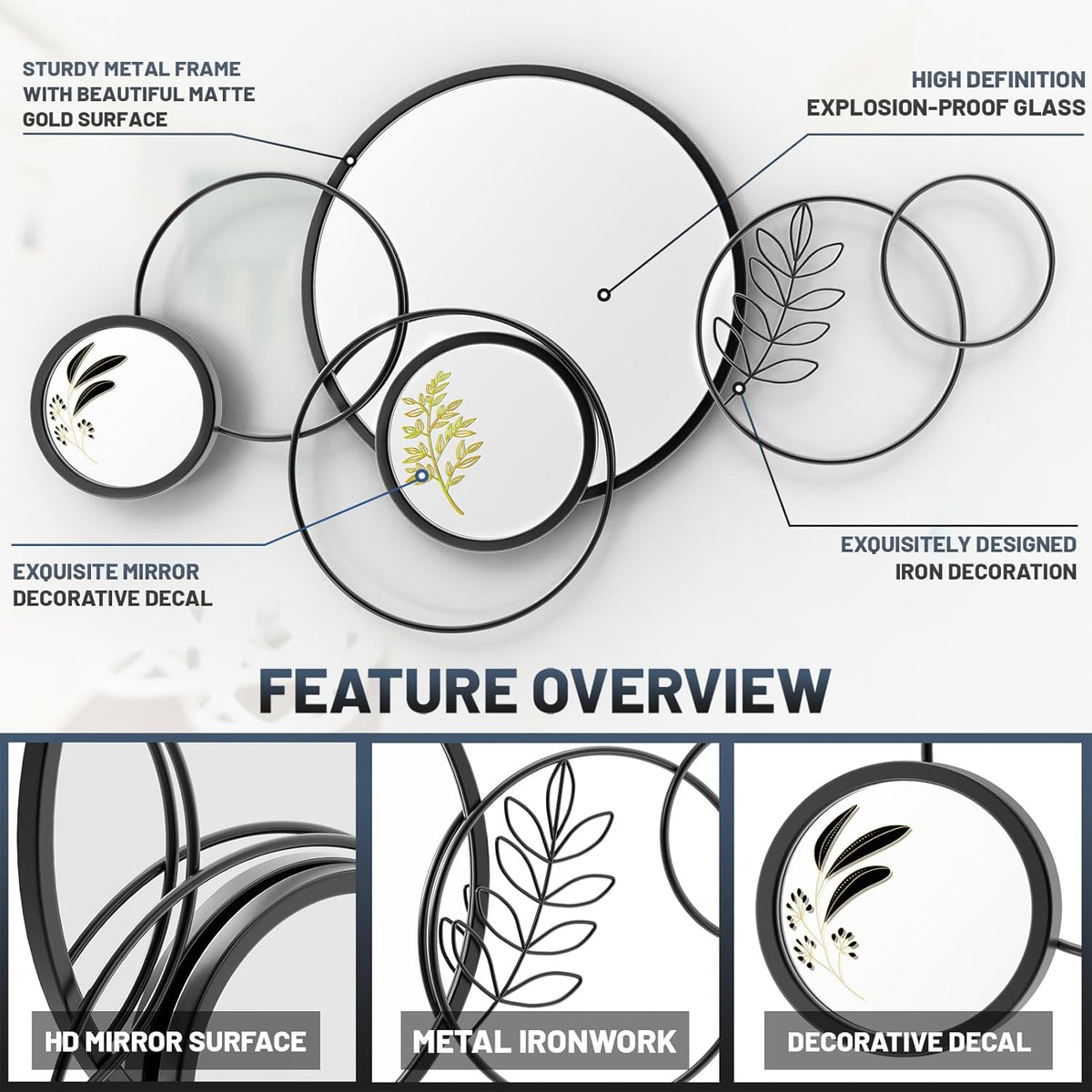 Wall Mirror Decorative, Round Decorative Mirror, Large Decor Metal Wall Art