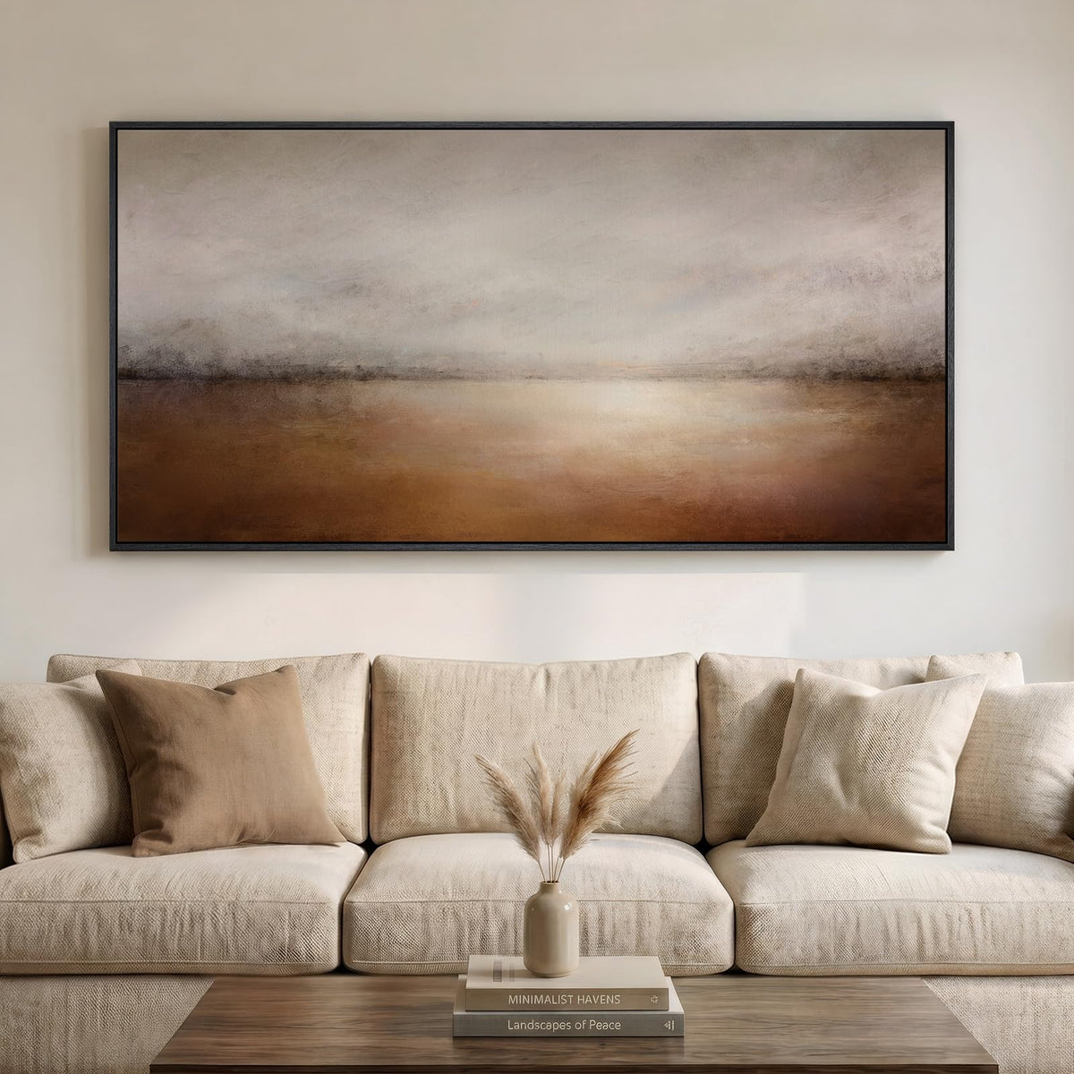 Large Framed Neutal Abstract Landscape Wall Art for Living Room, 60x30 In