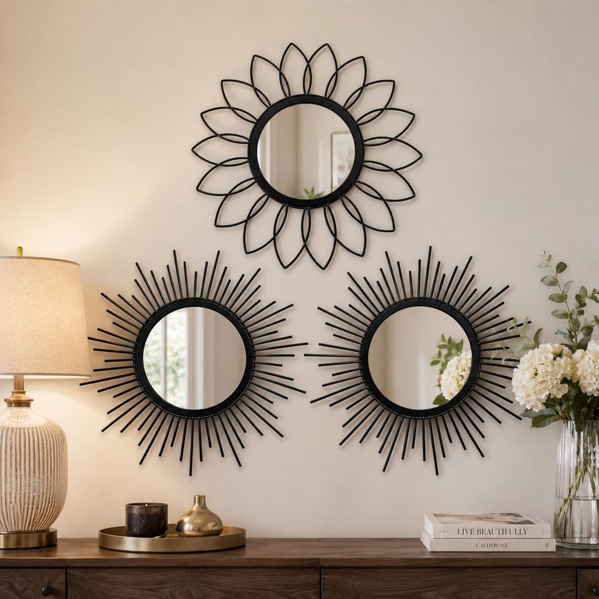 Boho Sunburst Wall Mirror Set of 3, 12 Inch Round Antique & Modern Metal Wall Art, Hanging Over The Door Mirrors for Wall Decor in Living Room, Bedroom, Bathroom, Entryway（Gold）