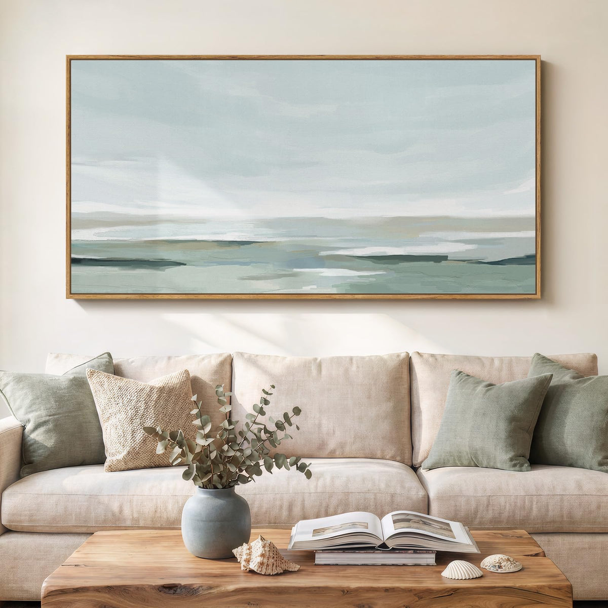 Large Framed Neutal Abstract Landscape Wall Art for Living Room, 60x30 In