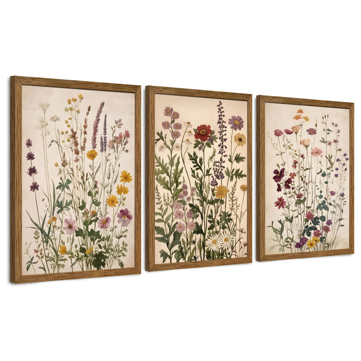 AVECCO 3 Piece Vintage Wildflower Botanical Framed Canvas Wall Art 12x16 in