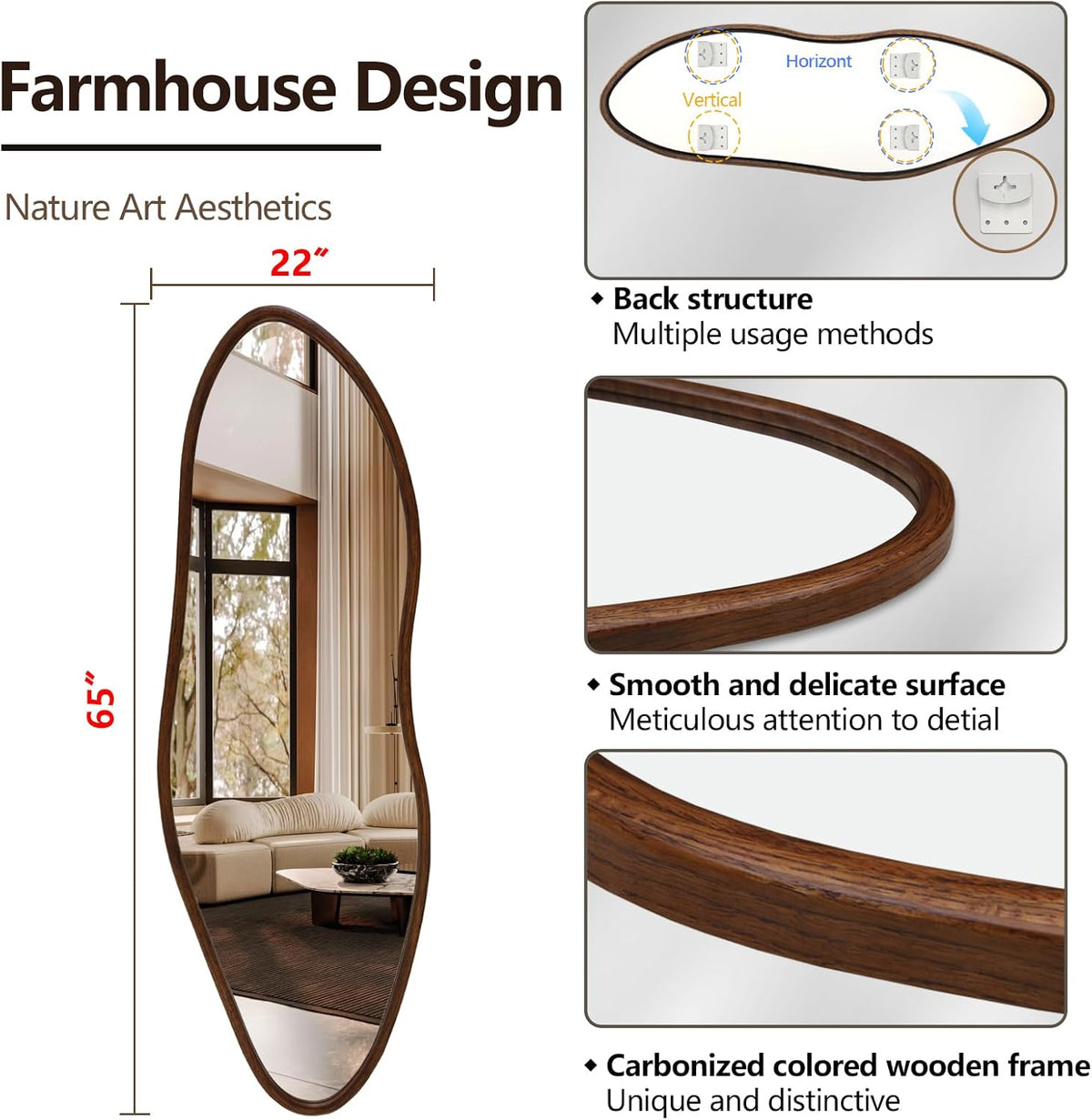 Irregular Full Length Mirror, 65"x22" Wood Full Body Mirror Walnut