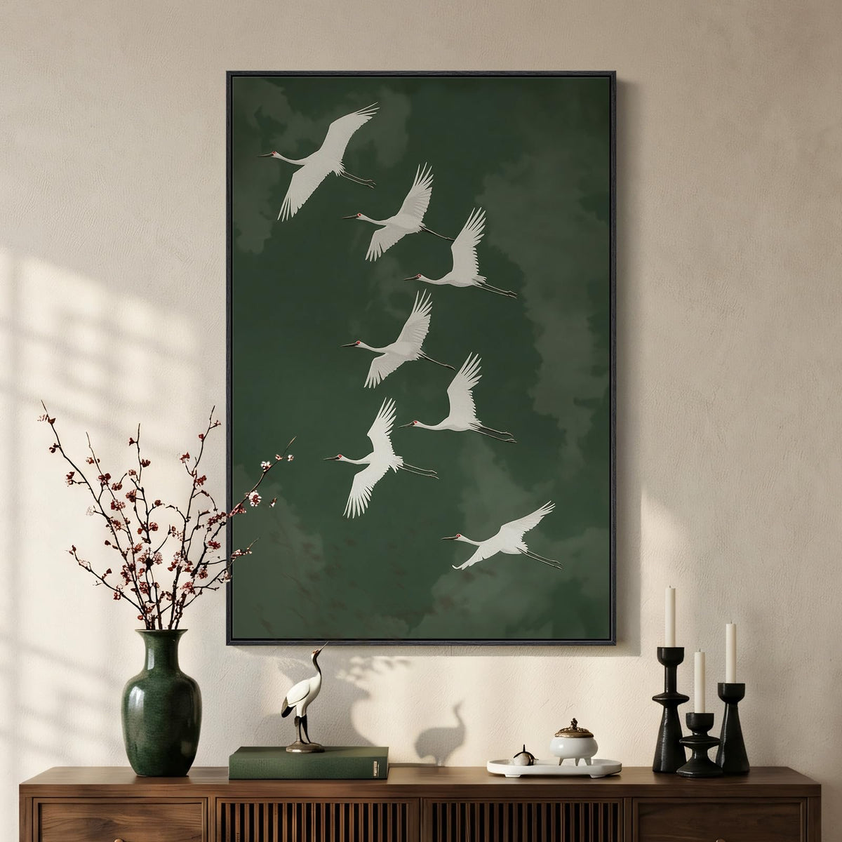 Framed Vintage Neutral Rustic Botanical Bird Chinoiserie wall art, 24x36 In