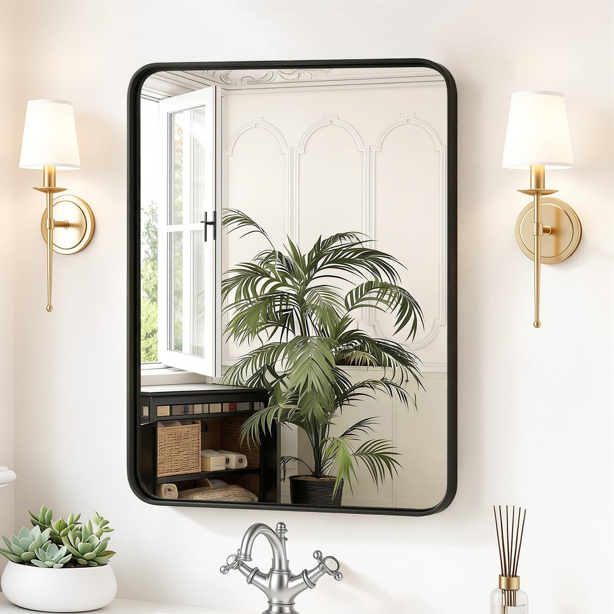 Sweetcrispy Bathroom Wall Mirror, 36x24 Inch Mirror for Over Sink, Black