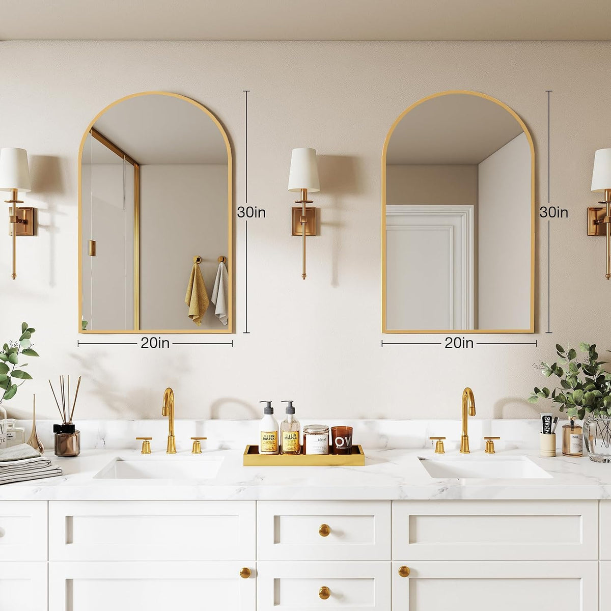 NEWBULIG 20X30 Inch Arched Bathroom Wall Mirror for Over Sink, Gold