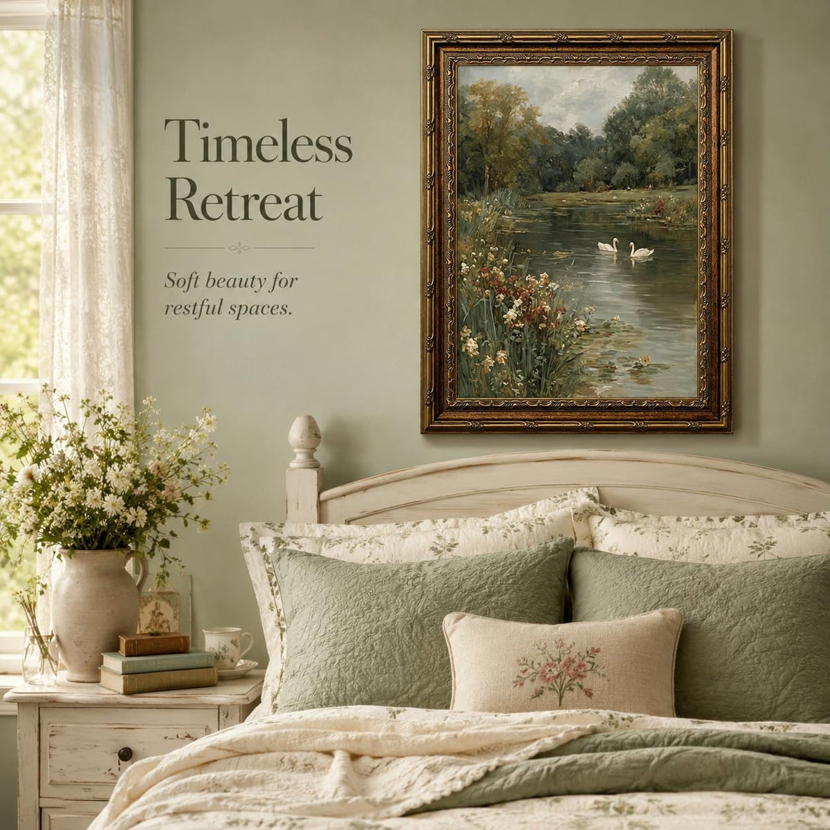 Vintage Framed Landscape Wall Art,Swan Lake canvas print 24" L x 16" W