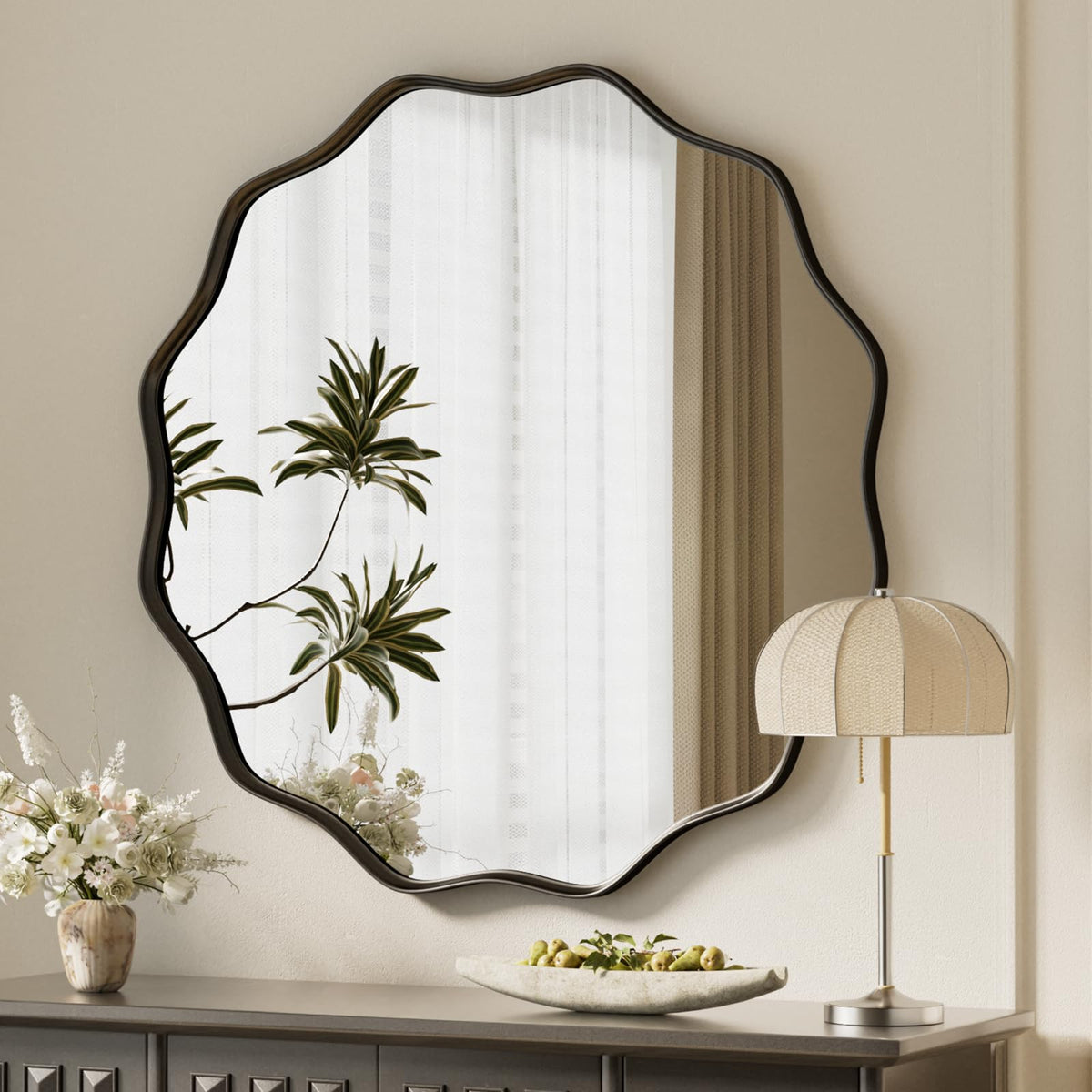 VooBang Gold Scalloped Circle Mirror, 24" Wavy Edge Round Wall Mirror