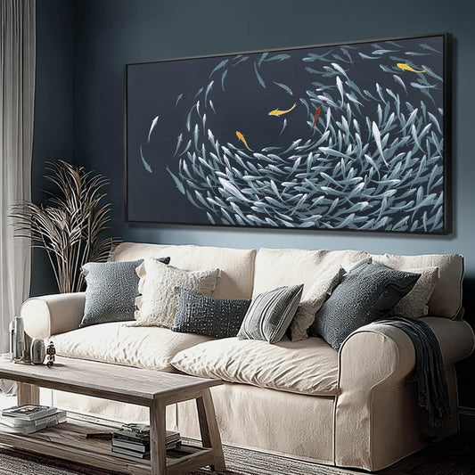 Ocean Fish Framed Canvas Wall Art,Large Sea Fishes Wall Decor,Modern Navy Blue Marine Fish Pictures,Colorful Fishes Artwork for Living Room Bedroom Office Home Decor 24"x48"