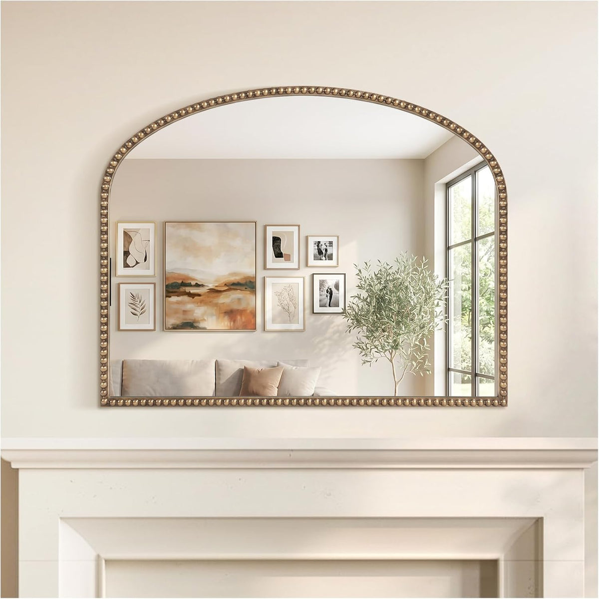 Antique Gold Arched Wall Mirror, 36" x 28" Beaded Mirror