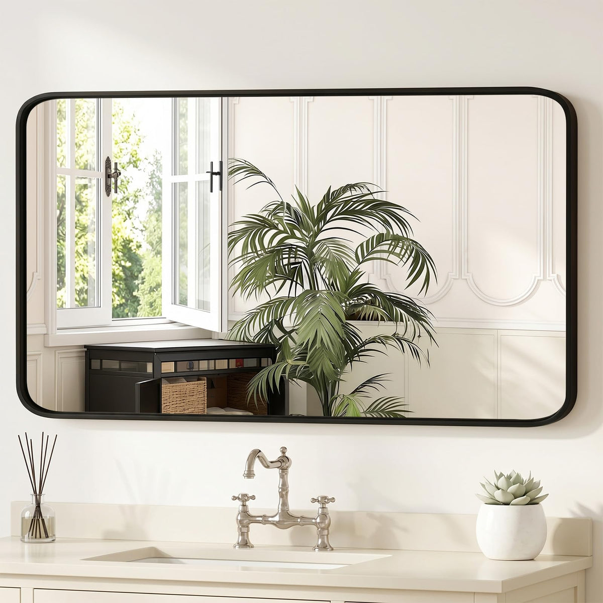Sweetcrispy Bathroom Wall Mirror, 36x24 Inch Mirror for Over Sink, Black