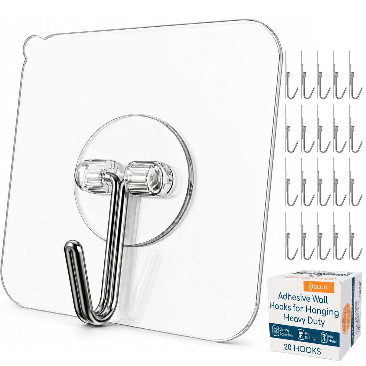 GLUIT Adhesive Wall Hooks for Hanging Heavy Duty No Drill, 22 lbs, 12 pcs