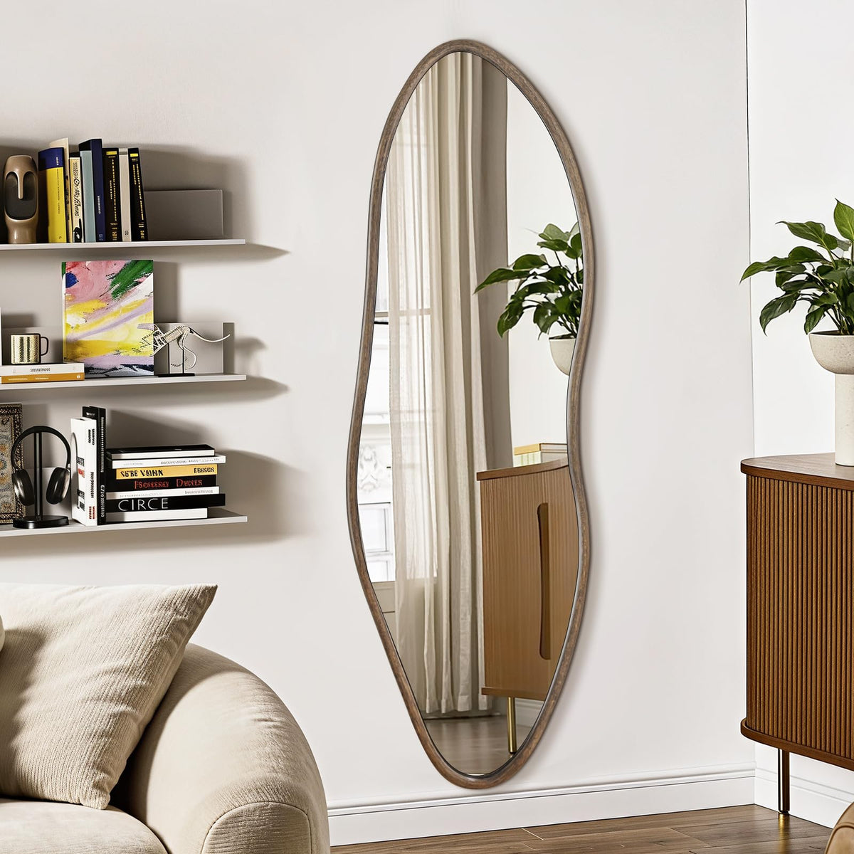 Irregular Full Length Mirror, 65"x22" Wood Full Body Mirror Walnut