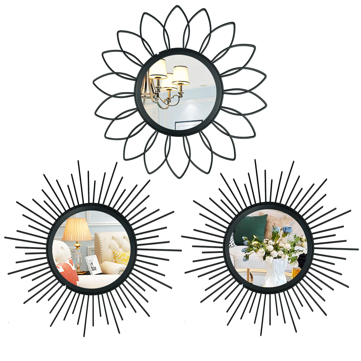 3 Pack Metal Mirrors for Wall Gold Sunburst Wall Mirror Home Decor Accent