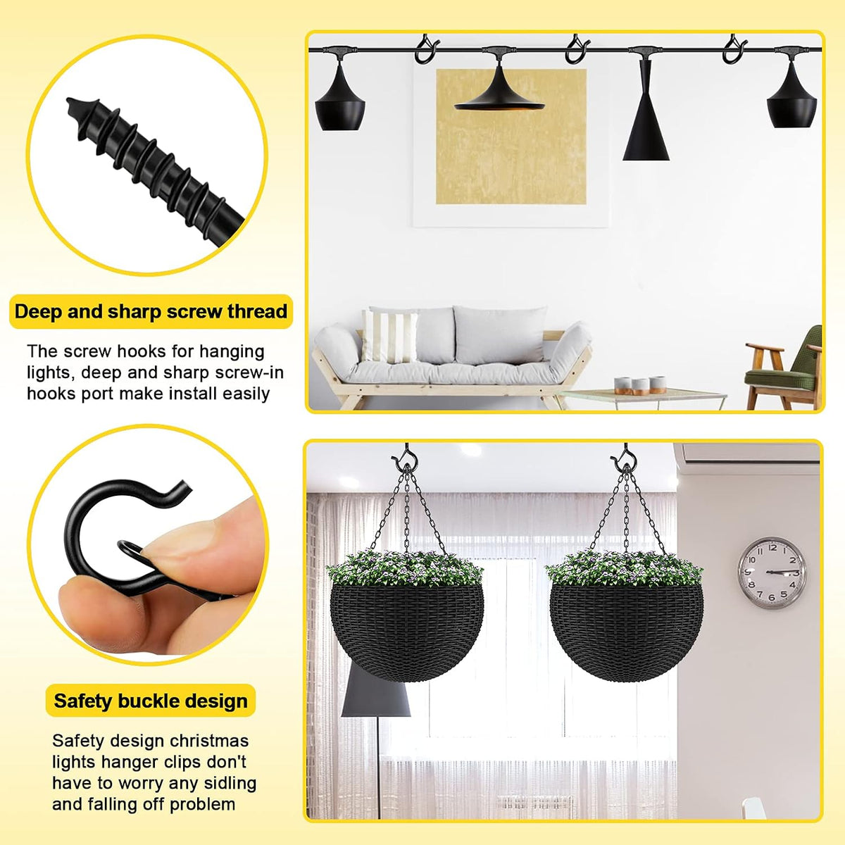 cyrico Hooks for Outdoor String Lights, 52 Pack Screw Hooks for Hanging Plants Led Party Lights Garage Wind Chimes, Black Heavy Duty Q Hanger Ceiling with Safety Buckle, Box and Wing Nut Driver