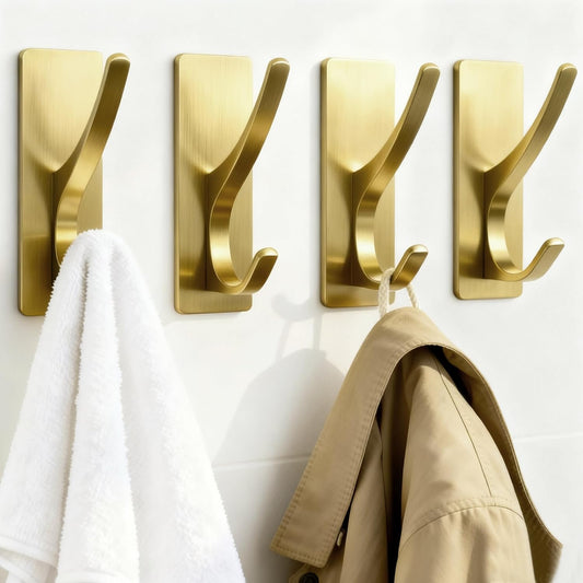 pickpiff Brush Gold Self-Adhesive Hook, 13LB Hanger for Coat/Towel, 4-Pack