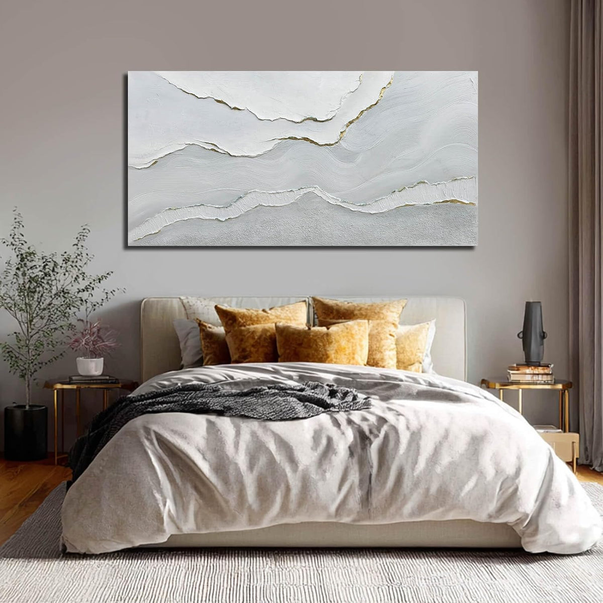 Framed Minimalist Wall Art Large Abstract Wall Decor White Artwork Gold Line Art for Bedroom Canvas Paintings for Living Room Office 29x58 Inch