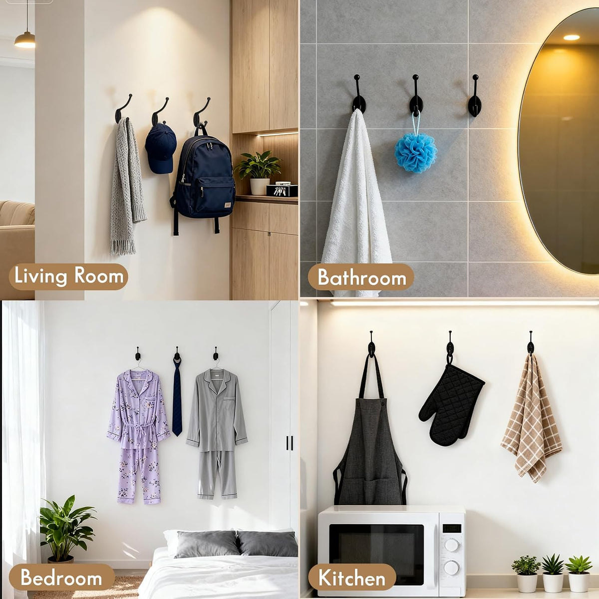 CBWLWJ 32 Pack Coat wall Hooks for Hanging, Durable Coat Hook Wall Mount, with Easy Installation Metal Closet Hooks, Living Rooms, Entrances, Bathrooms, Bedrooms(Black)