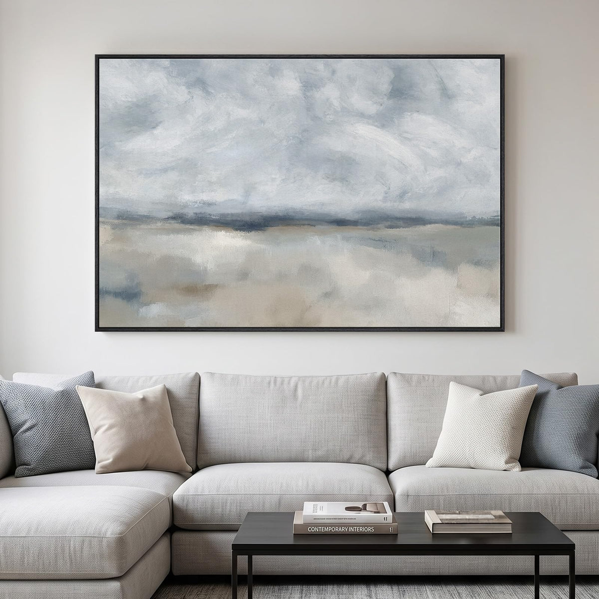 Large Framed Neutal Abstract Landscape Wall Art for Living Room, 60x30 In