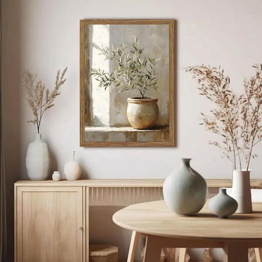 Vintage Framed Olive Tree Canvas Wall Art, Neutral Botanical Pictures Wall Decor, Rustic Potted Plant Paintings Prints, Organic Modern Farmhouse Artwork for Living Room Bedroom 12x16 Inch