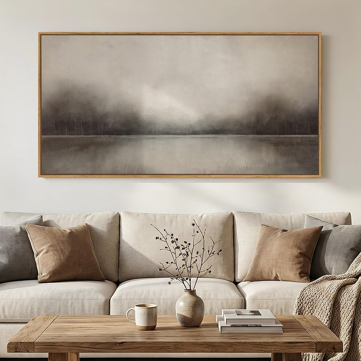 Large Framed Neutal Abstract Landscape Wall Art for Living Room, 60x30 In