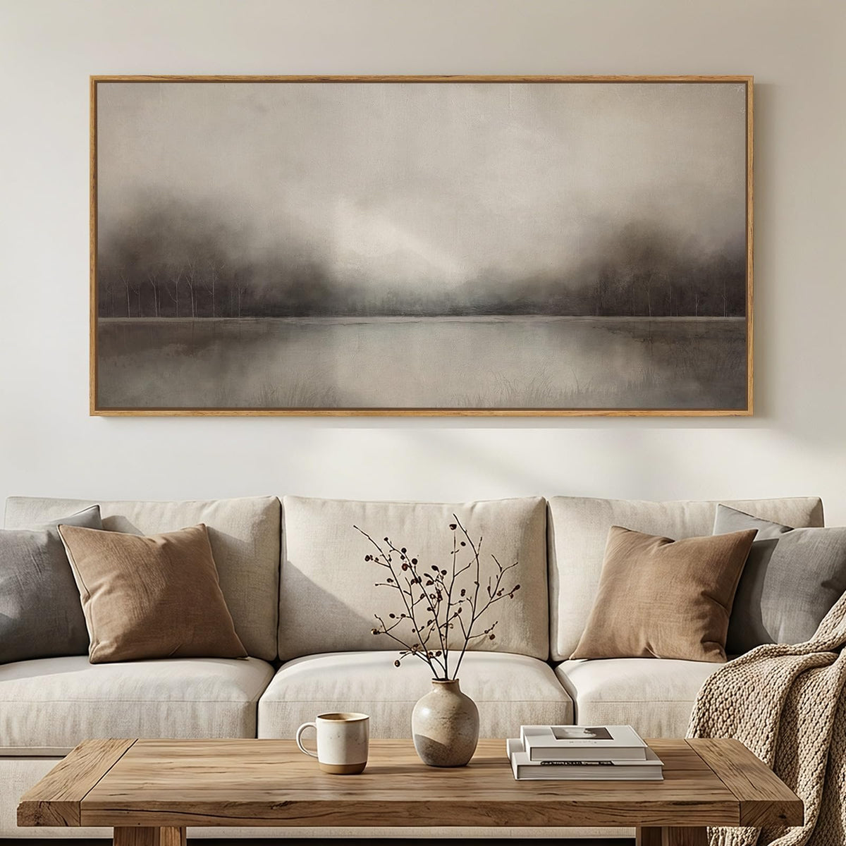 Large Framed Neutal Abstract Landscape Wall Art for Living Room, 60x30 In