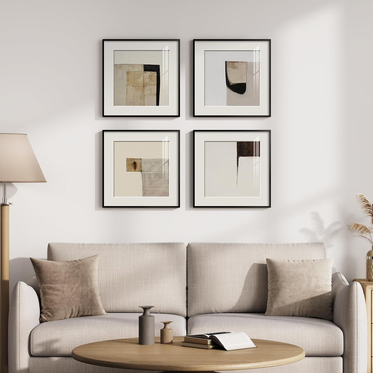 4 Piece Framed Neutral Abstract Modern Wall Art for Living Room, 12x12 In
