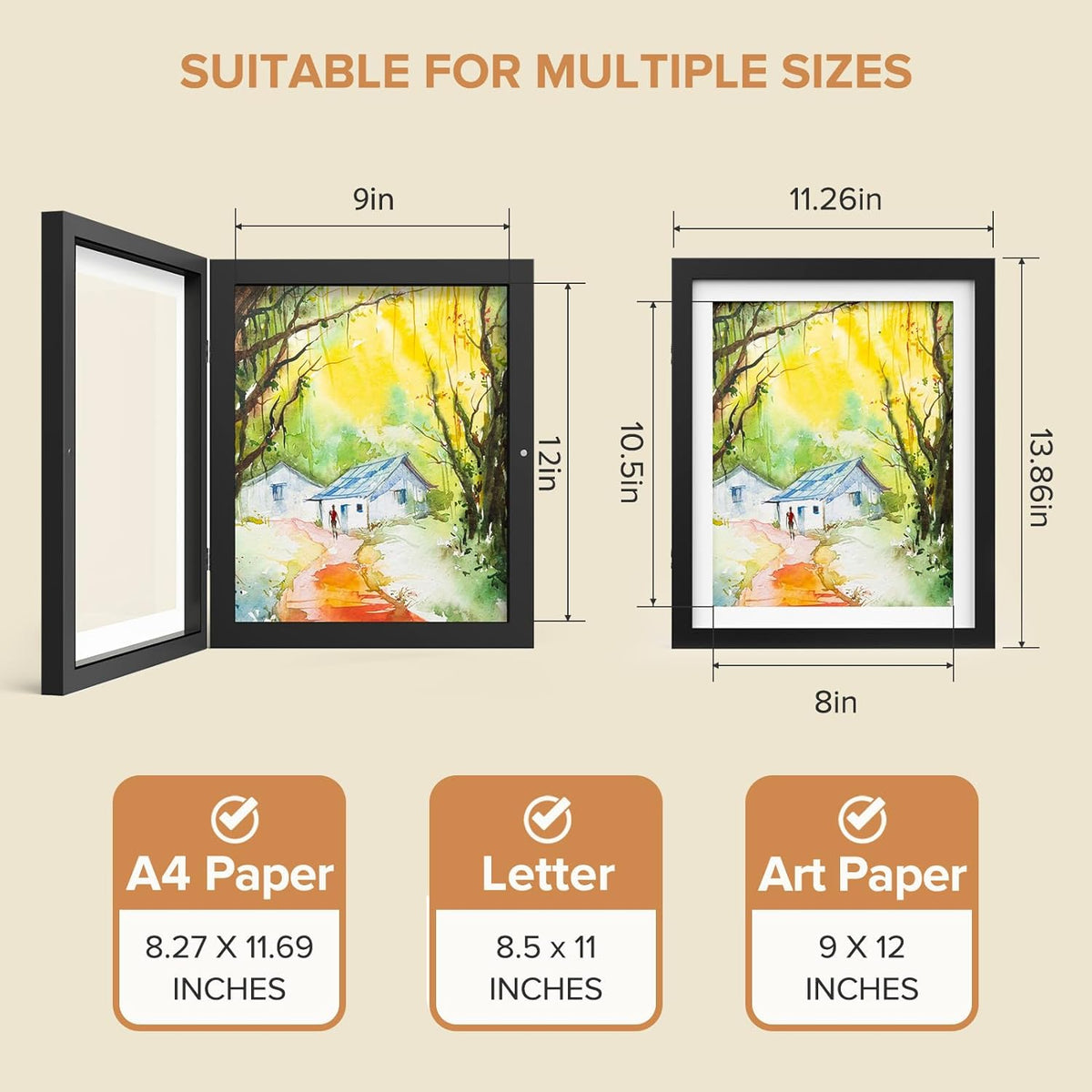 2 Pack Kids Art Frame, Kids Artwork Frames Changeable 8 x10.5 with Mat and 9 x12 Without Mat, Black Front Opening Children Picture Storage Frame for Wall Holds 50Pcs Crafts, Drawing, Art Projects