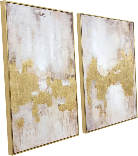 Zessonic Gold and Neutral Abstract Hand-Applied Brush Wall Art,20"x28"x2