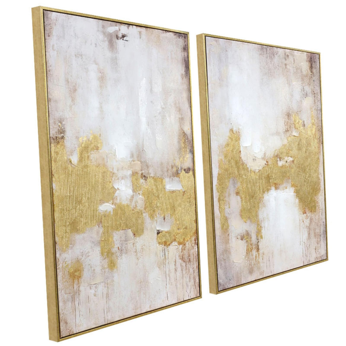 Zessonic Gold and Neutral Abstract Hand-Applied Brush Wall Art,20"x28"x2