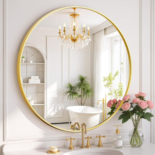 Round Wall Mirror 30 Inch Gold Vanity Mirror with Metal Frame