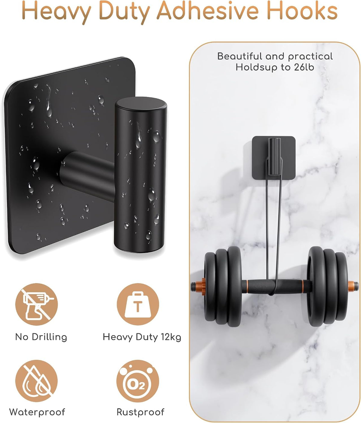 Aikzik 4 Pack Large Heavy Duty Wall Hooks - 26lb Max, Stainless Steel Adhesive Towel Hook, Shower Hooks for Hanging Towel, Coat, Robe, Wall Hook for Use in Bathroom, Kitchen and Door, Matte Black