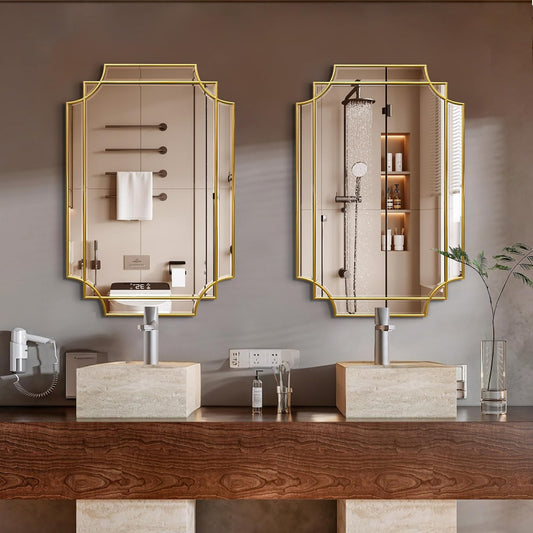 HQiJun Gold Mirror for Wall, 36x24 Gold Wood Framed, Scalloped Beveled Polished Rectangle Mirror, Large Decorative Mirrors for Wall Decor, Irregular Mirror for Living Room, Bathroom Vanity, Entryway