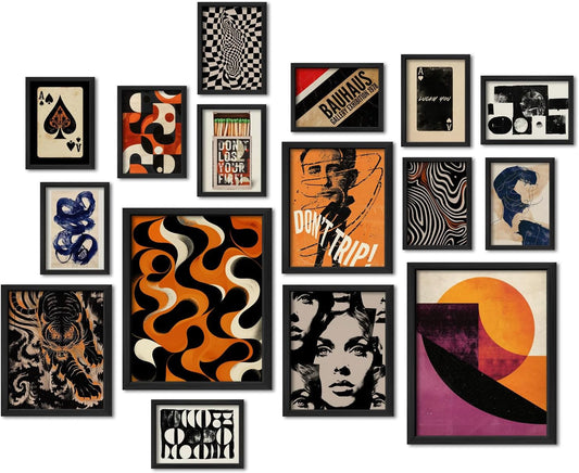 ANERZA 16 PCS Framed Retro 70s Wall Art Decor, Eclectic Vintage Wall Prints for Bedroom, Gallery Wall Frame Set, Abstract Posters for Living Room Aesthetic, Collage Kit, 60s 80s 90s Dorm Home Artwork