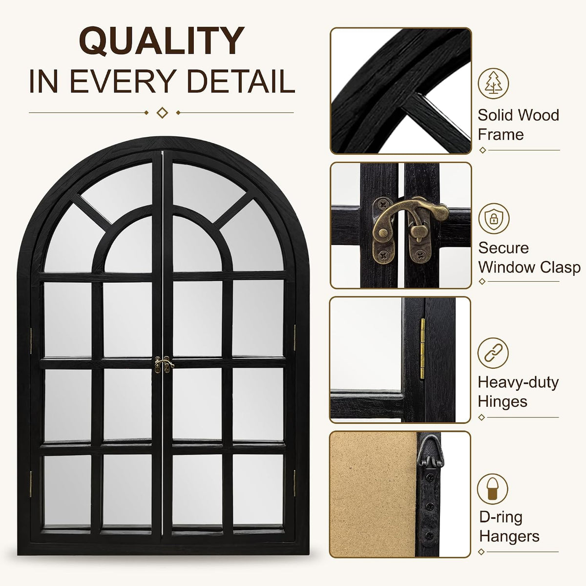 Arched Wood Mirror for Wall, 28" x 40" Rustic Farmhouse Mirror, Black