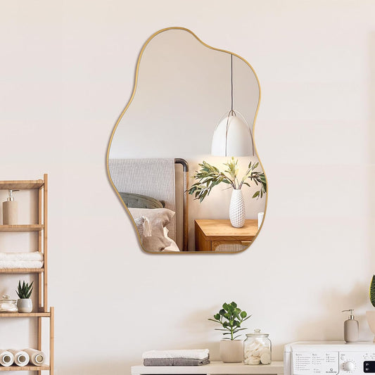 Irregular Asymmetrical Wall Mirror, 28" x 20" Gold Bathroom Mirror
