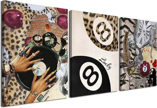 Fashion Cheetah Wall Art Set of 3 Leopard Wall Decor Pictures Lucky 8 Ball Poster Canvas Painting Prints Dark Red Cheetah Artwork for Bedroom Living Room Framed 16x24 inch