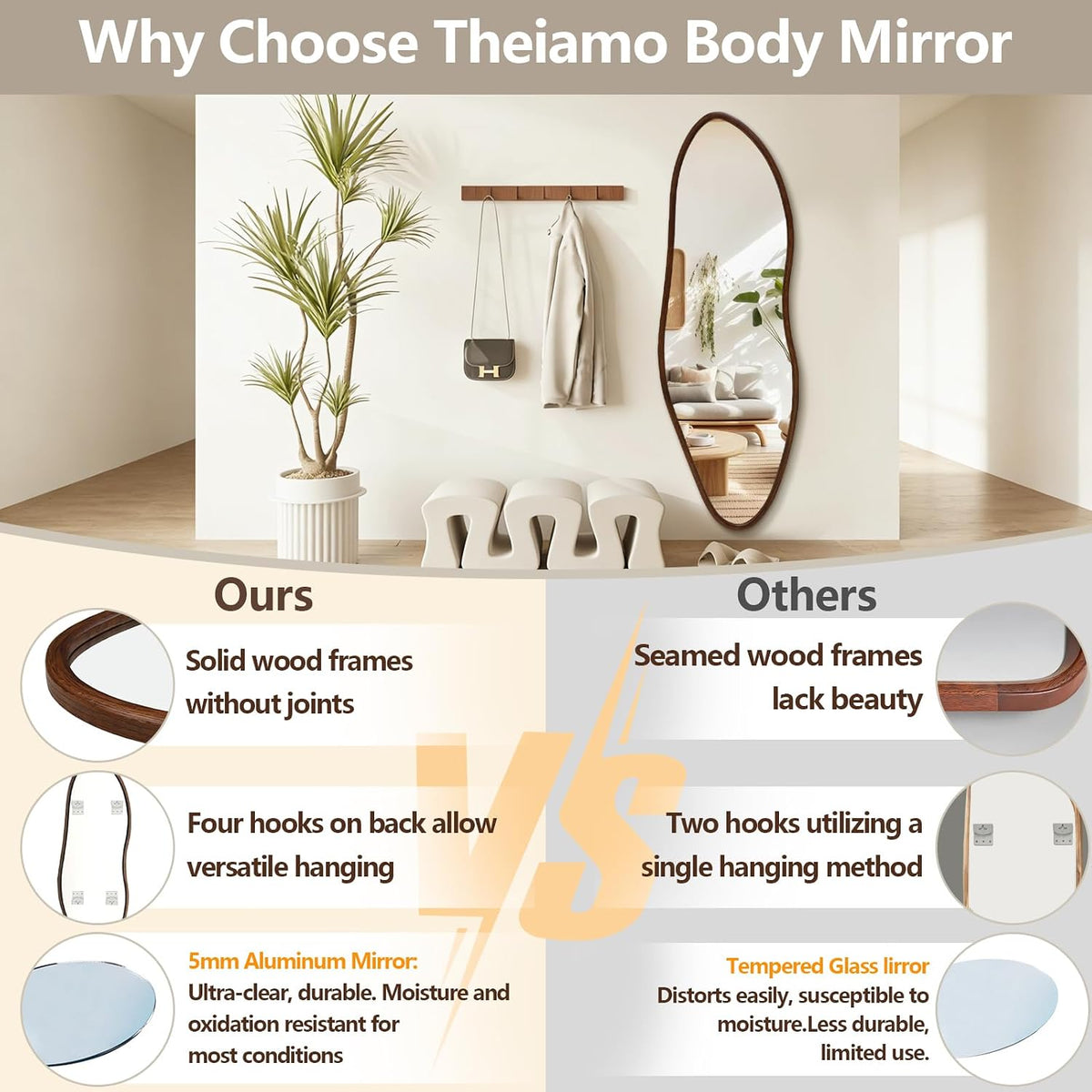 Irregular Full Length Mirror, 65"x22" Wood Full Body Mirror Walnut