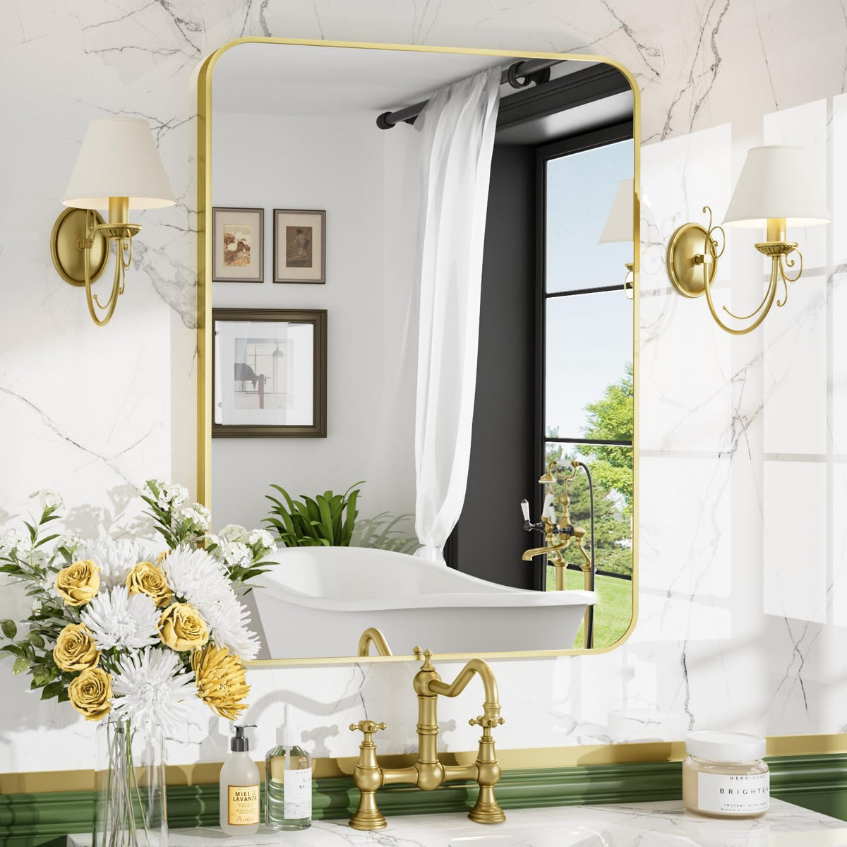 24"x36" Brushed Gold Bathroom Mirror, Rectangle Vanity Mirror for Over Sink
