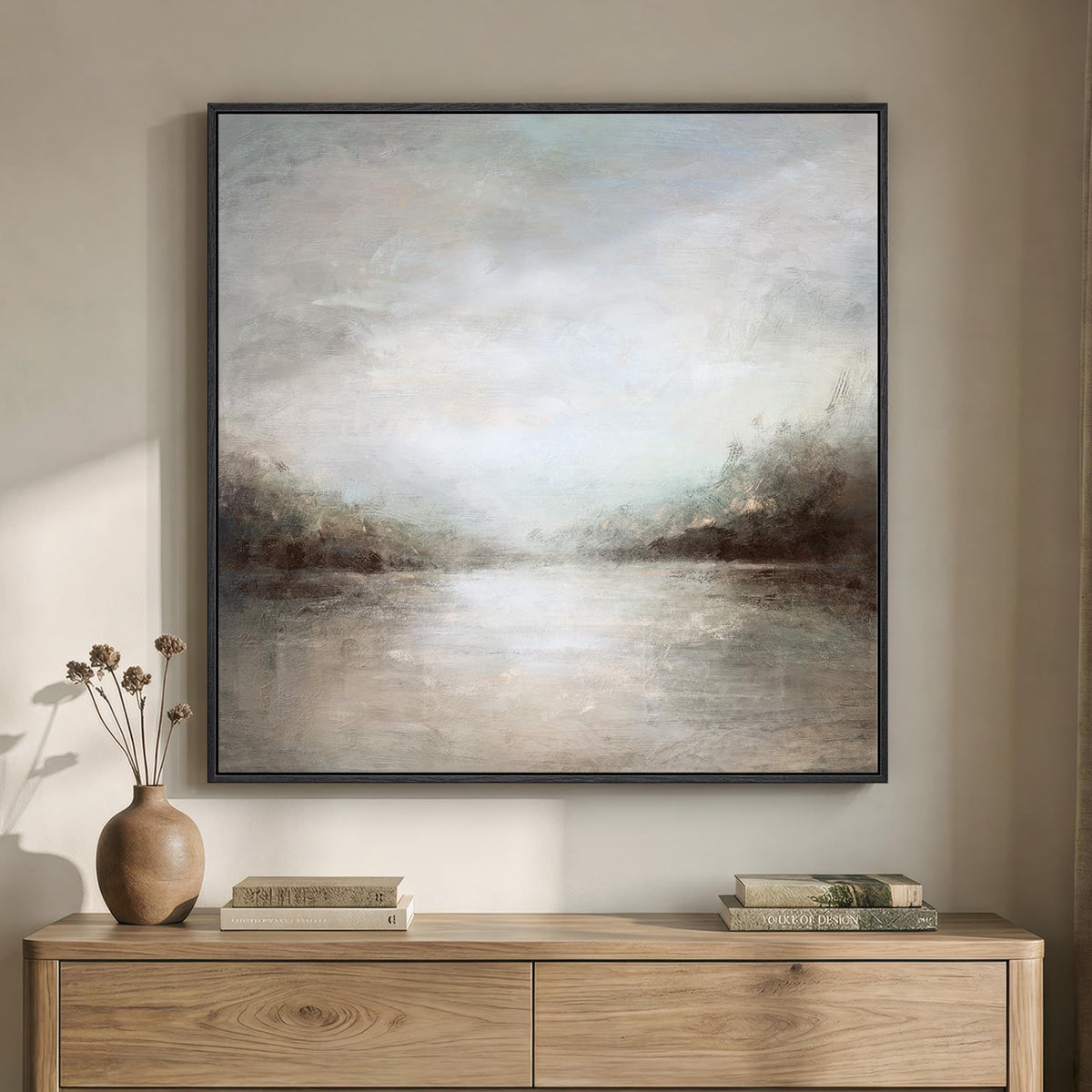 Framed Neutral Organic Abstract Canvas Wall Art for Dining Room, 30x30 Inch