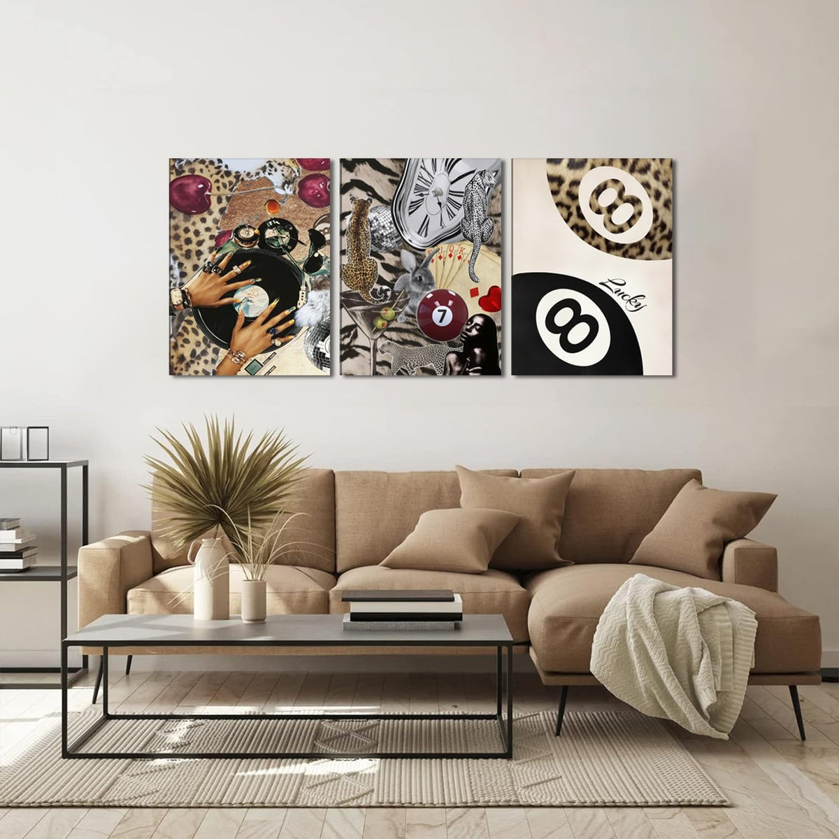 Fashion Cheetah Wall Art Set of 3 Leopard Wall Decor Pictures Lucky 8 Ball Poster Canvas Painting Prints Dark Red Cheetah Artwork for Bedroom Living Room Framed 16x24 inch