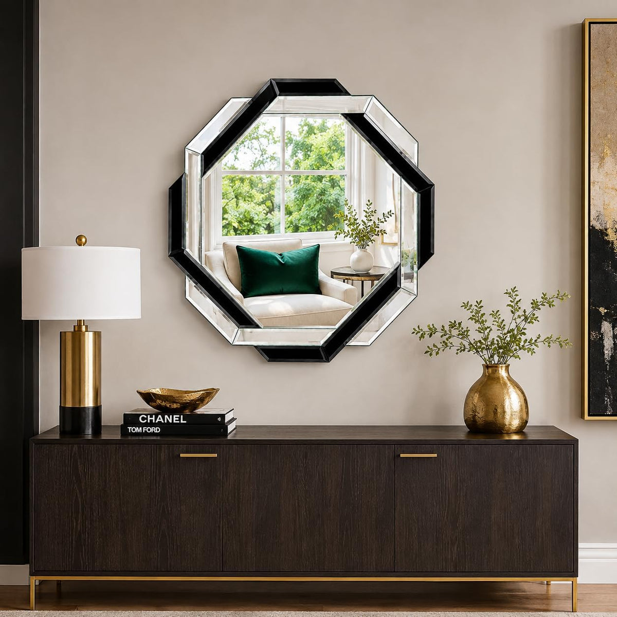 Black Bathroom Mirror-24”X24” Wall Mirrors Decorative, Beveled Edge Frameless Mirror for Wall Bathroom, Vanity Room, Bedroom, Living Room and Enterway