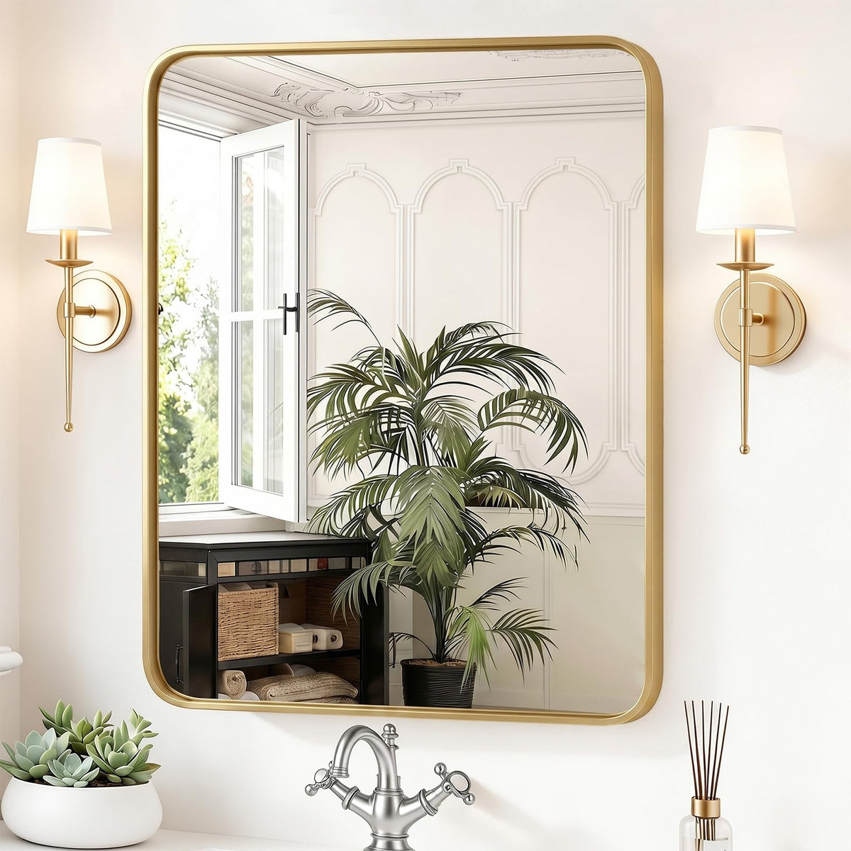 Sweetcrispy Bathroom Wall Mirror, 36x24 Inch Mirror for Over Sink, Black