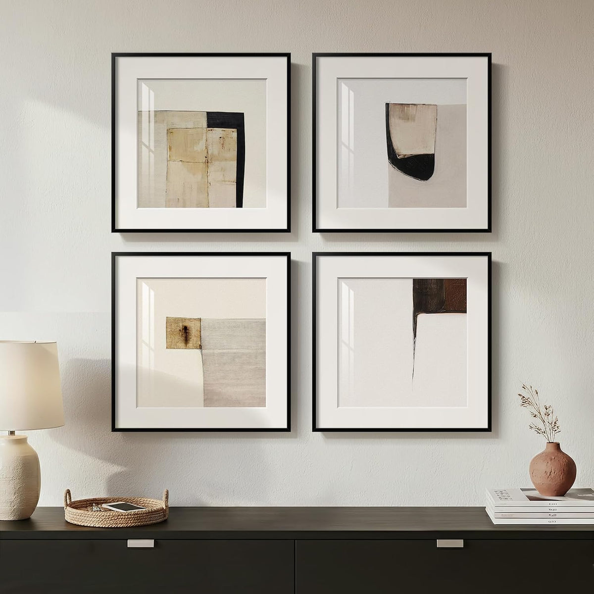 4 Piece Framed Neutral Abstract Modern Wall Art for Living Room, 12x12 In