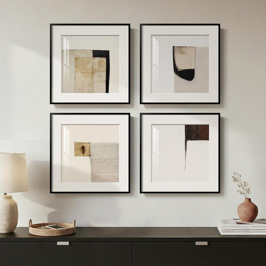 4 Piece Framed Neutral Abstract Modern Wall Art for Living Room, 12x12 In