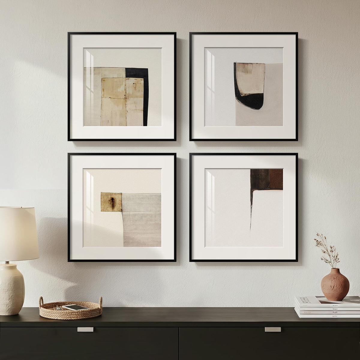 4 Piece Framed Neutral Abstract Modern Wall Art for Living Room, 12x12 In