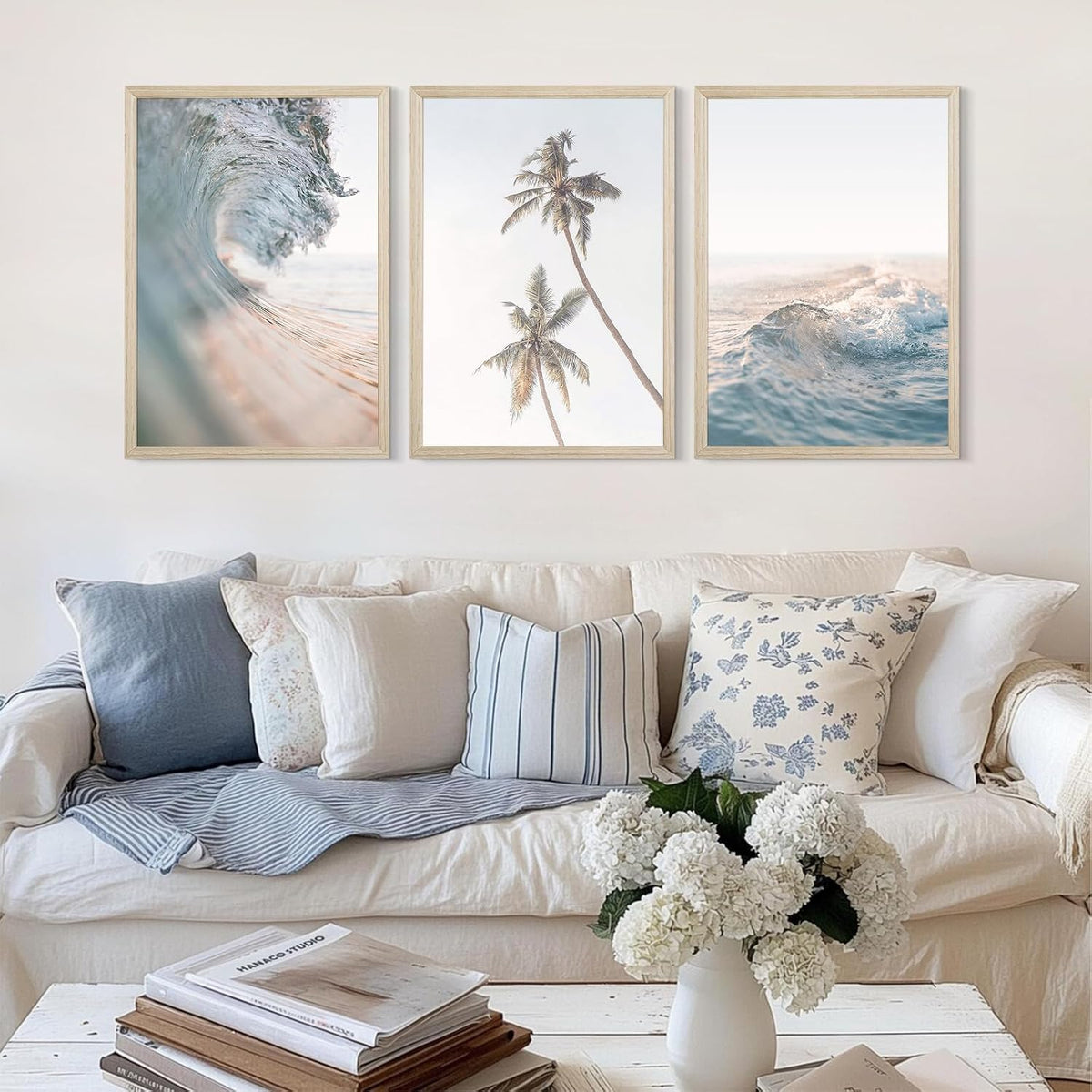 Lhoiplme Beach Wall Art Decor Coastal Ocean Poster Palm Tree Canvas Wall Decor Beachy Room Aesthetic Pictures Blue Waves Prints Beach Coasta Artwork for Bedroom Living Room 12x16 Inch Framed Set of 3