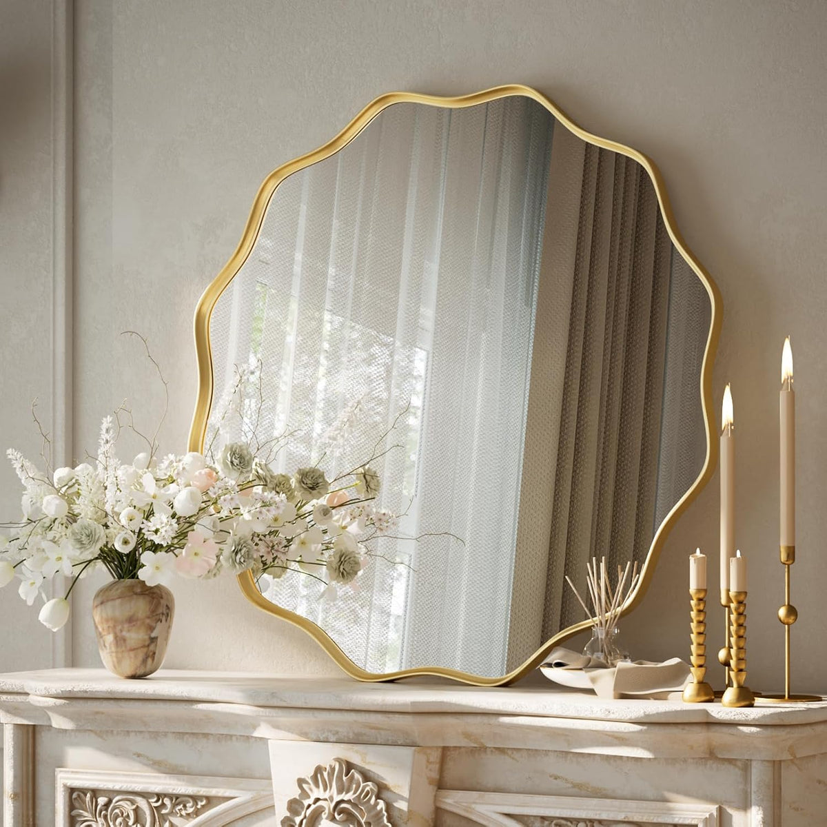 VooBang Gold Scalloped Circle Mirror, 24" Wavy Edge Round Wall Mirror