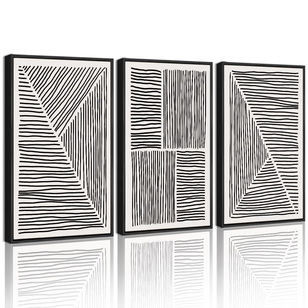 Drsoum Mid-Century Modern Framed Wall Art Minimalist Abstract Boho Neutral Line Wall Decor Geometric Artwork Kitchen Dining Room 11x14in Natural Framed